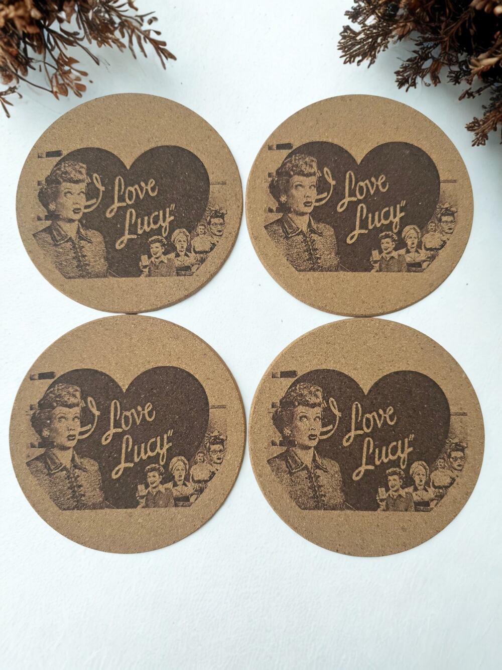 4 pack of I Love Lucy cork coasters memorabilia gift Comical laser engraved